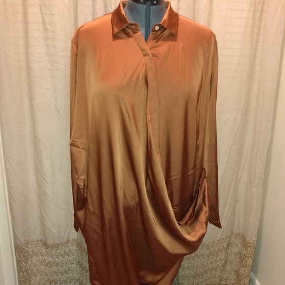 NWOT 🔥 Fashion Nova Satin Draped Shirt Dress Women's Size 2X Brown - Picture 2 of 10